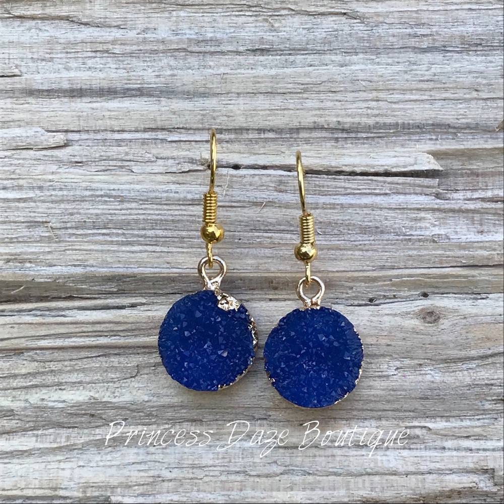 Gold Blue Druzy Stone Dangle Earrings